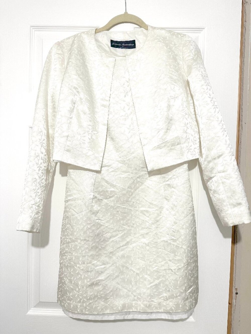 Vintage Jeanette Kastenberg White Floral Jacquard Dress & Jacket Set Size 6